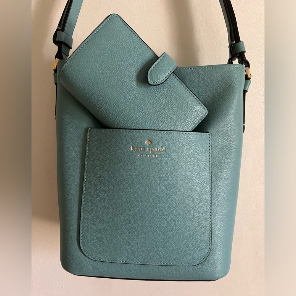 Kate Spade Pebble Leather Dusty Blue Handbag and Matching Wallet
